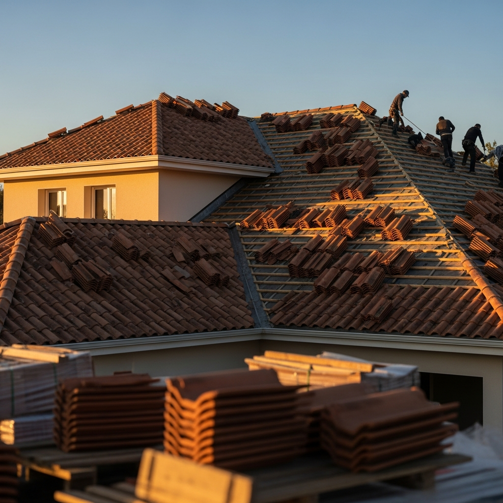 Repose de tuiles sur toiture en cours