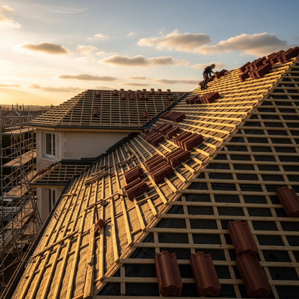 Couvreurs posant des tuiles en fin de journée sur un chantier