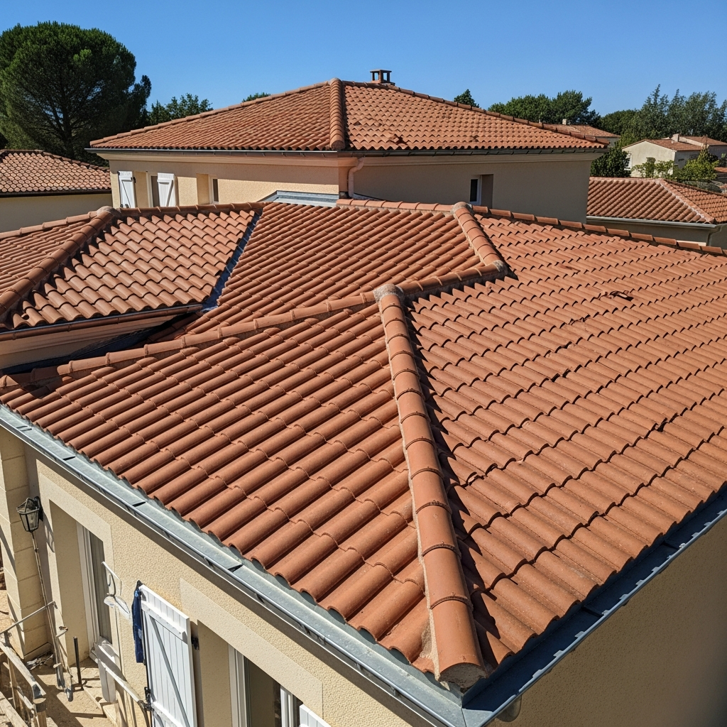 Vue aérienne de plusieurs toitures rénovées en tuiles canal