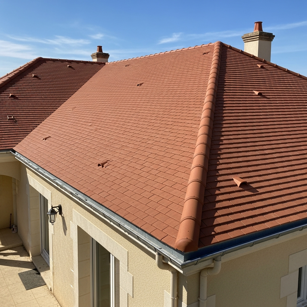 Toiture en tuiles plates neuves avec faîtage zinc